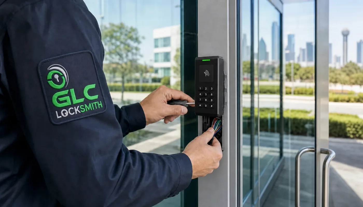GLC Locksmith technician installing an electronic access reader on a glass office door