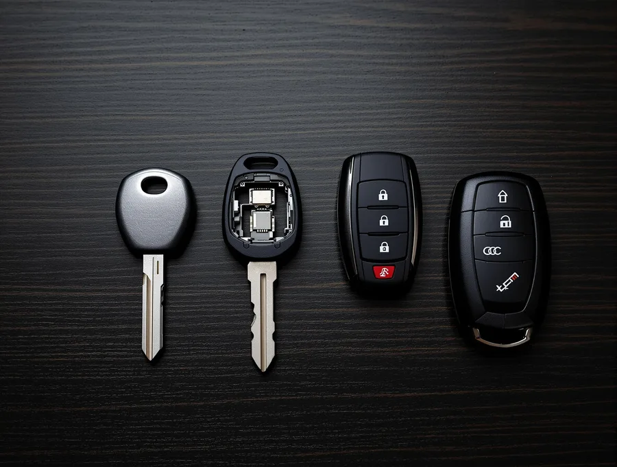 Mechanical car key, transponder key, remote fob, and smart key arranged side by side