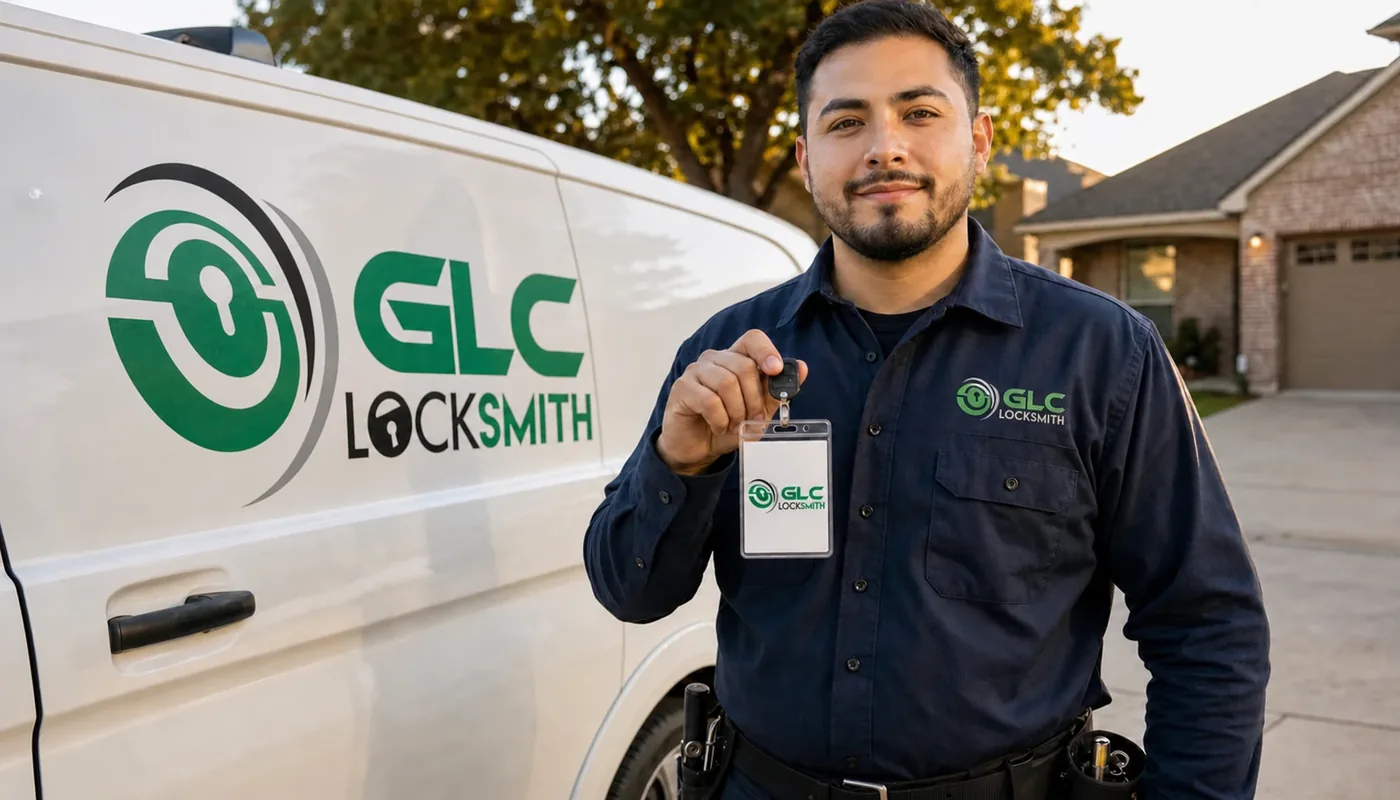 Uniformed GLC Locksmith technician showing identification beside a marked service van