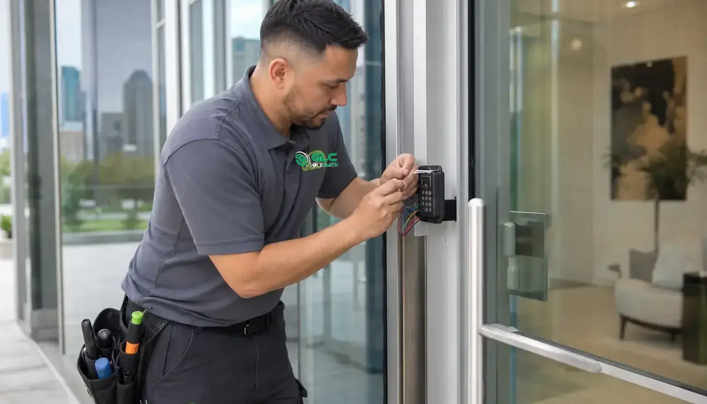 GLC Locksmith technician wiring a keypad access control reader at a glass office entrance