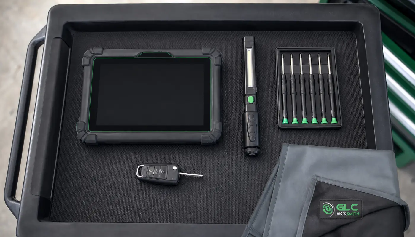 Automotive diagnostic tablet, inspection light, key, and hand tools arranged on a clean work tray