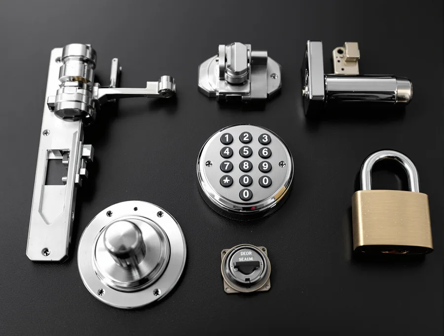 Keypad lock, latch hardware, door cylinder, and padlock arranged on a dark surface