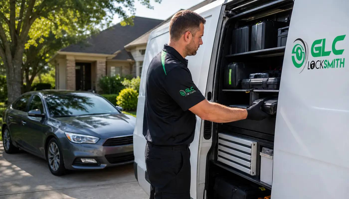 Mobile automotive locksmith preparing equipment beside a service van and parked car