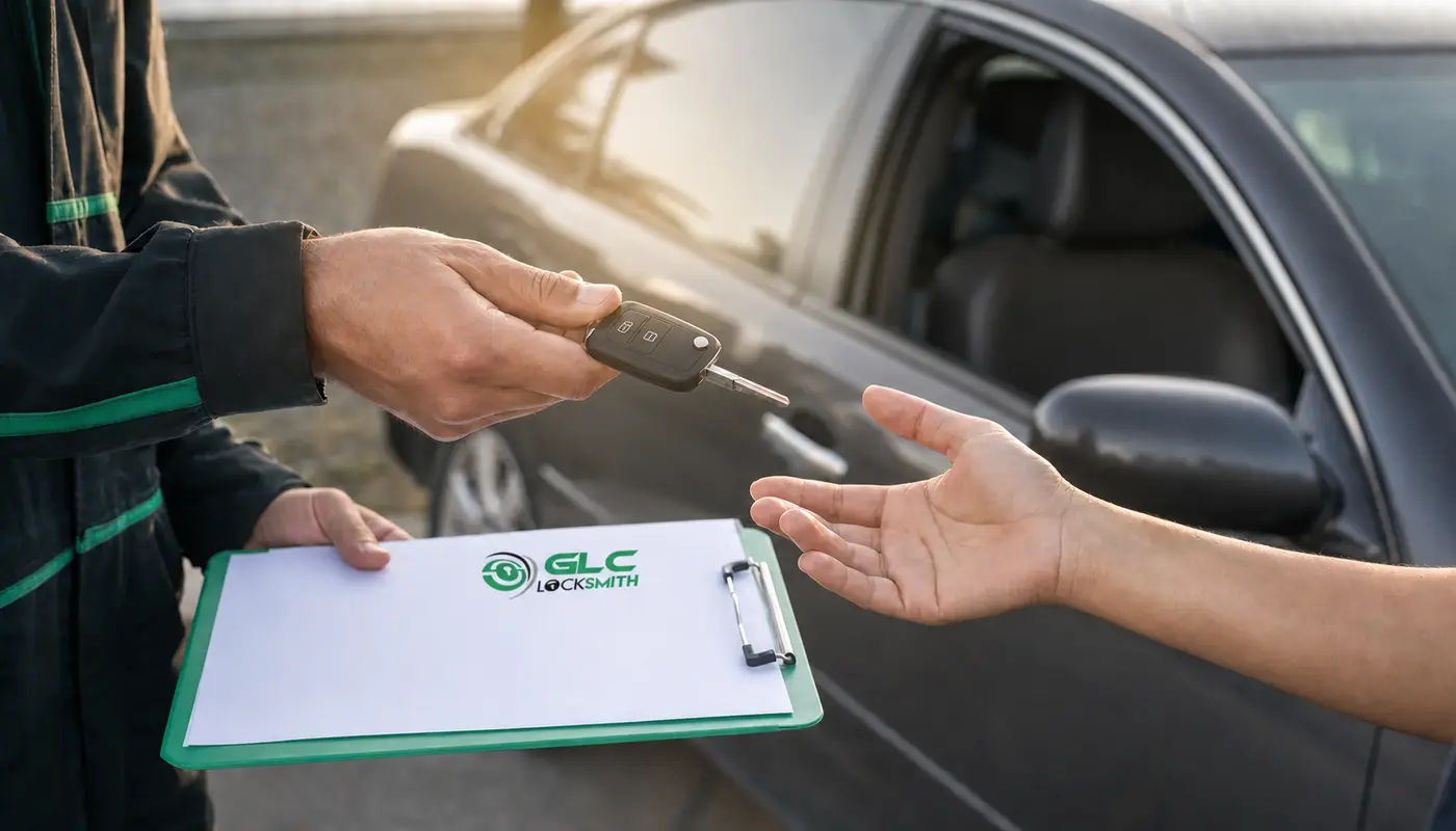 Automotive locksmith handing a completed transponder key to a customer beside a car