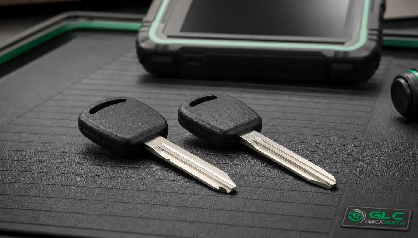Two traditional transponder car keys with visible metal blades on a diagnostic work mat