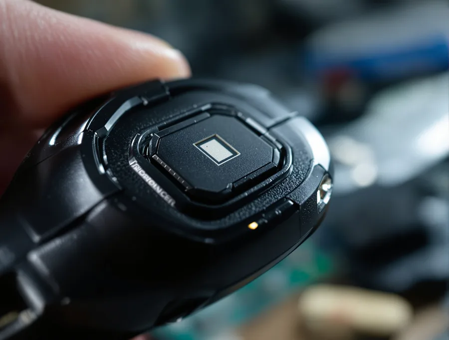 Close-up of an electronic chip inside a modern vehicle key fob