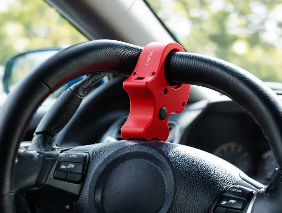 Red steering wheel lock secured across a parked vehicle's steering wheel