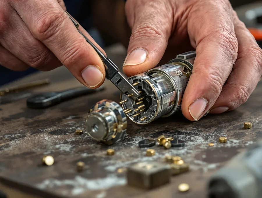 Hands repinning a disassembled residential lock cylinder on a locksmith workbench