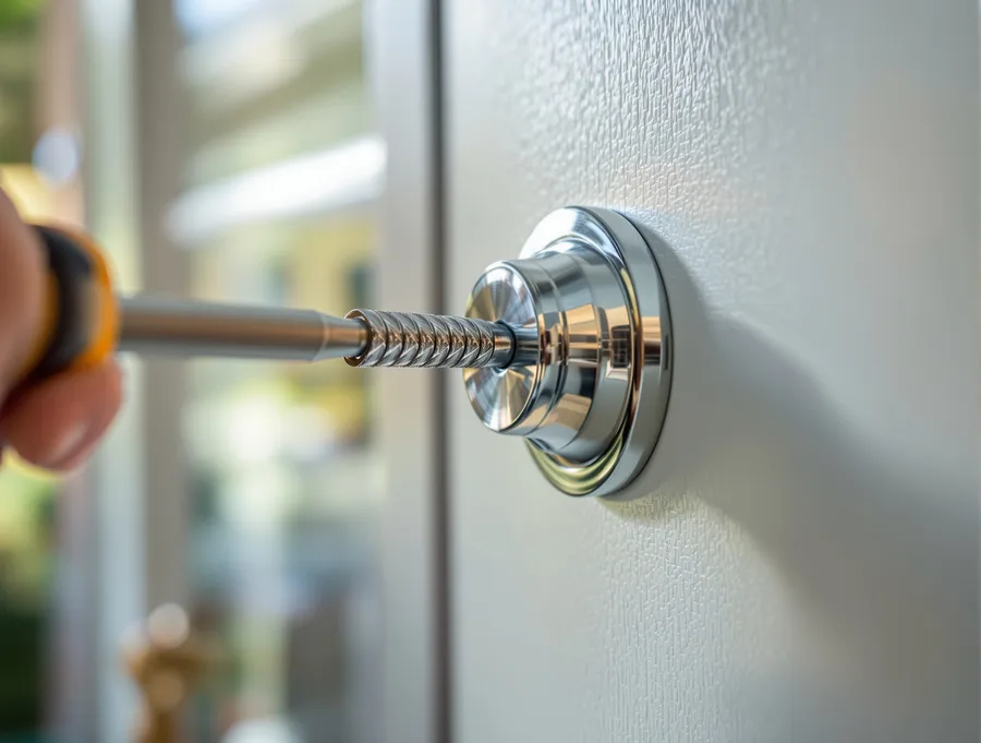 Close-up of a screwdriver installing new lock hardware on a residential door
