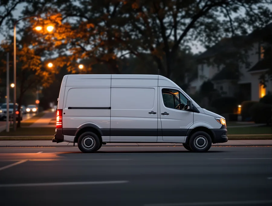 Unmarked white service van driving through a residential area at dusk
